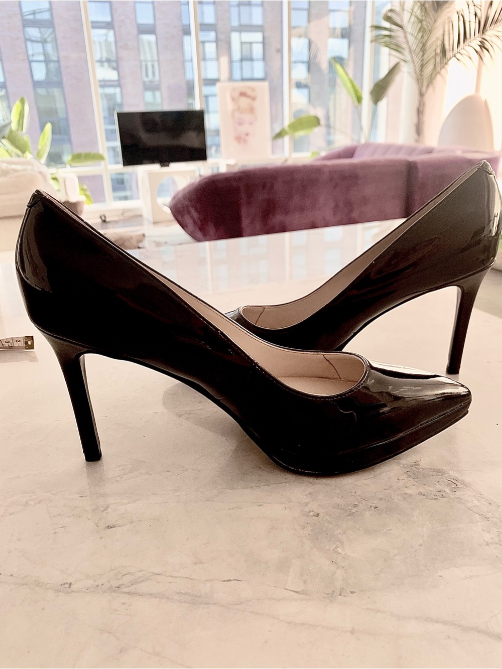 HEELS stilettos Patent black slight Platform Nine West NEW
